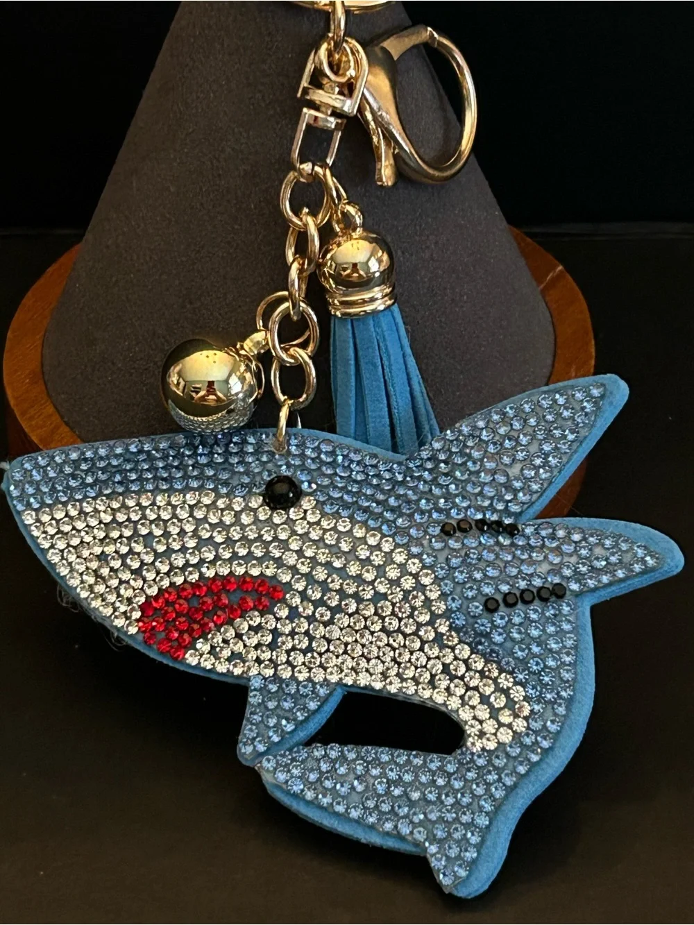 PREMIUM Puffy Blue Crystal Shark Keychain Bag Charm w/ Gold Hardware & Tassel